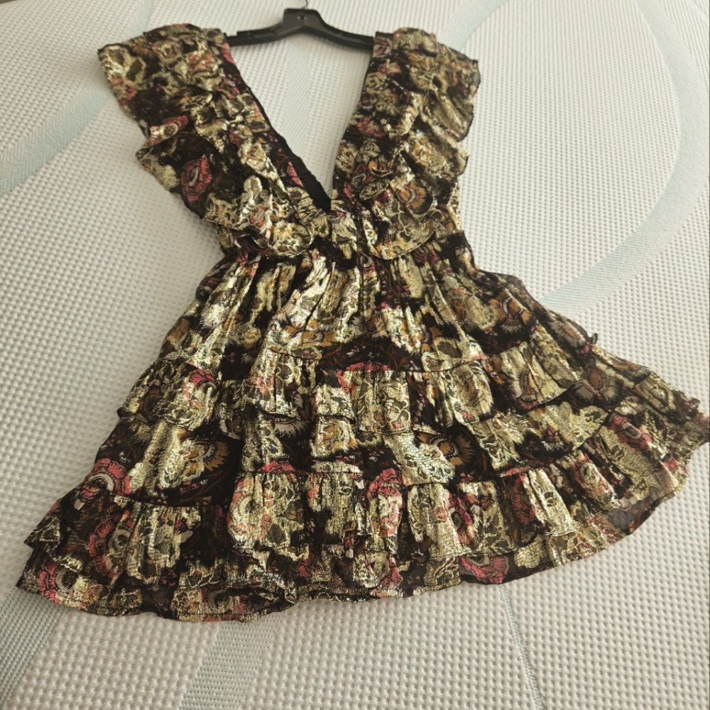 Figue Aurelia Metallic Floral Jacquard Tiered Ruffle Mini Dress
